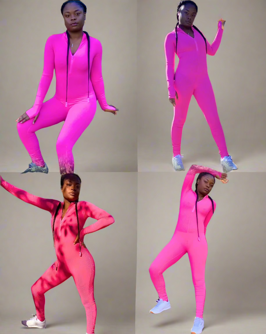 pink jumpsuit features a stretchy material that provides a snug fit