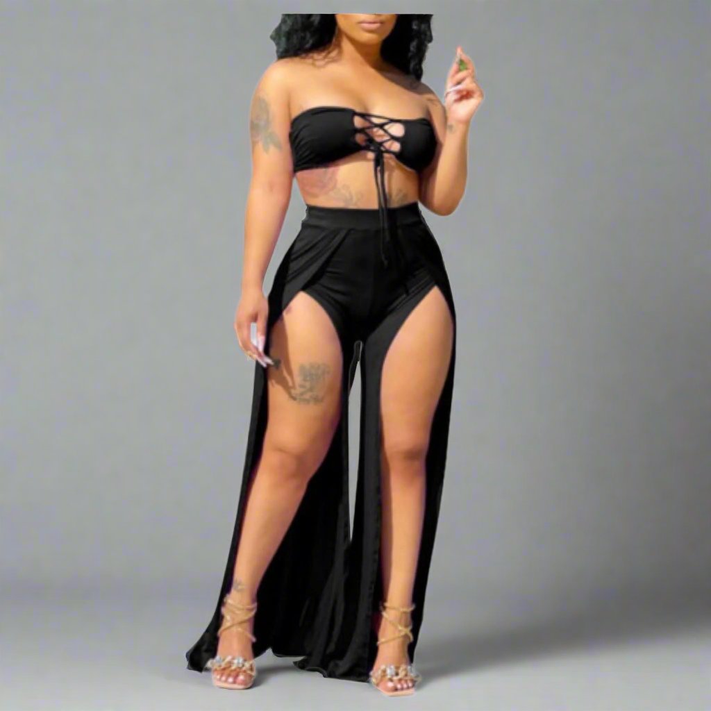 matching set includes a black tube top and high waist split thigh pants