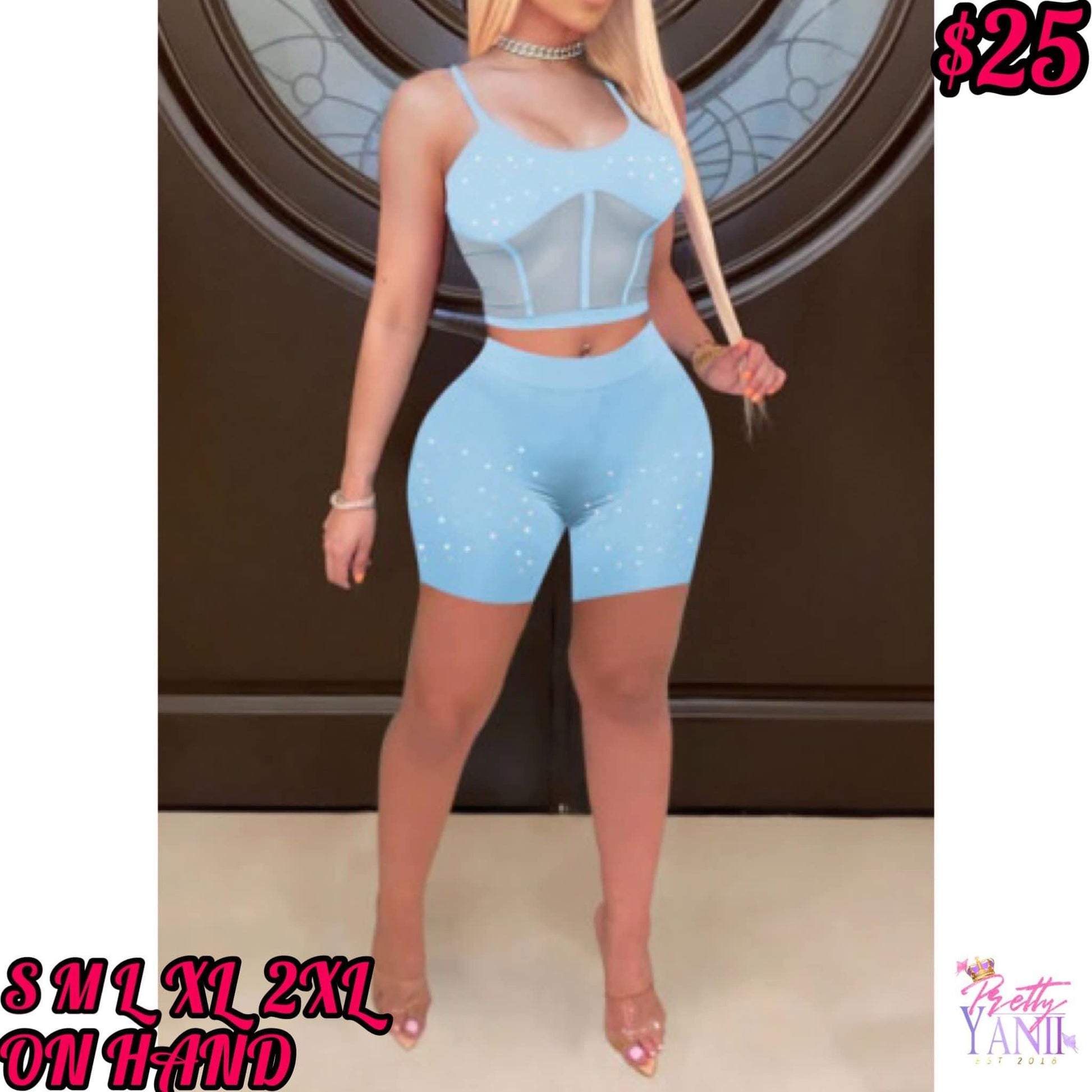 matching set includes a sky blue spaghetti strap crop top and high waist shorts, available in both regular and plus sizes