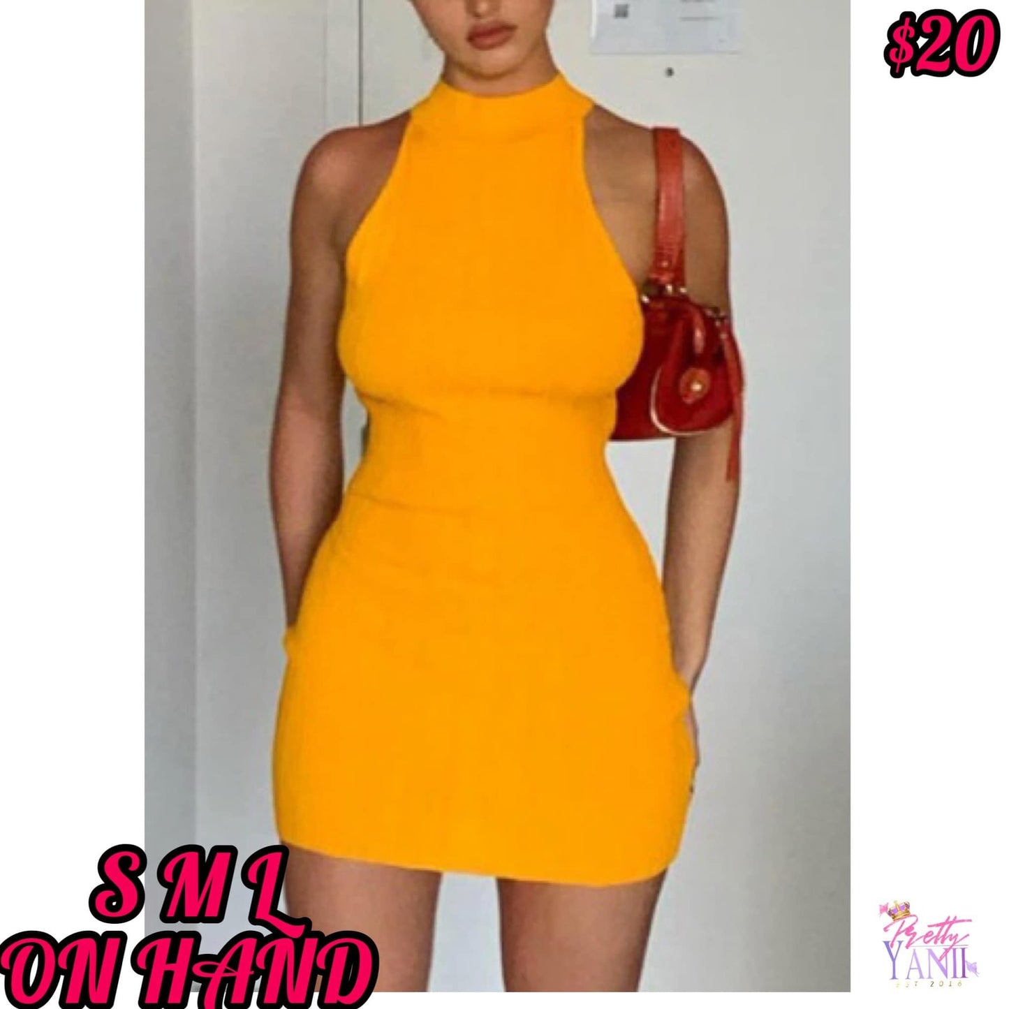 mustard-colored dress with a criss-cross back design and stretch fabric