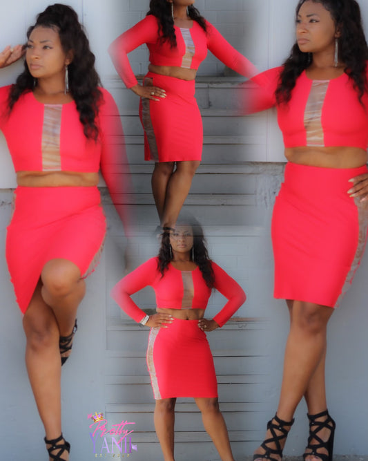 matching set includes a red long-sleeve crop top and a body-con high waist skirt