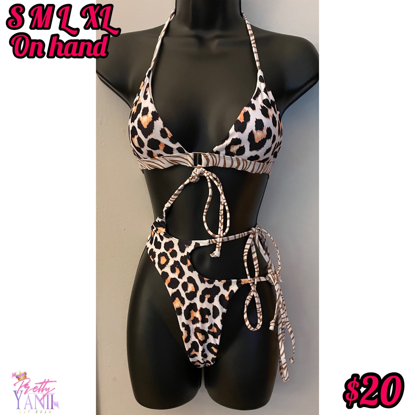 Leopard bikini swimsuit features a triangle halter top design that easily converts it into a one-piece