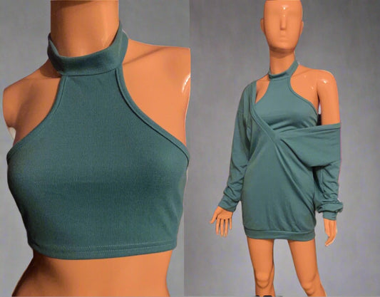 crop top in turquoise with a stunning off-shoulder sweater dress