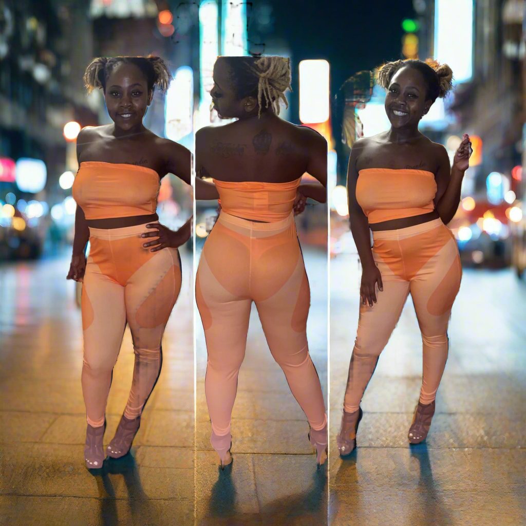 matching set includes an orange tube top and pants with exceptional stretch