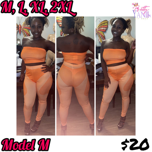 matching set includes an orange tube top and pants with exceptional stretch