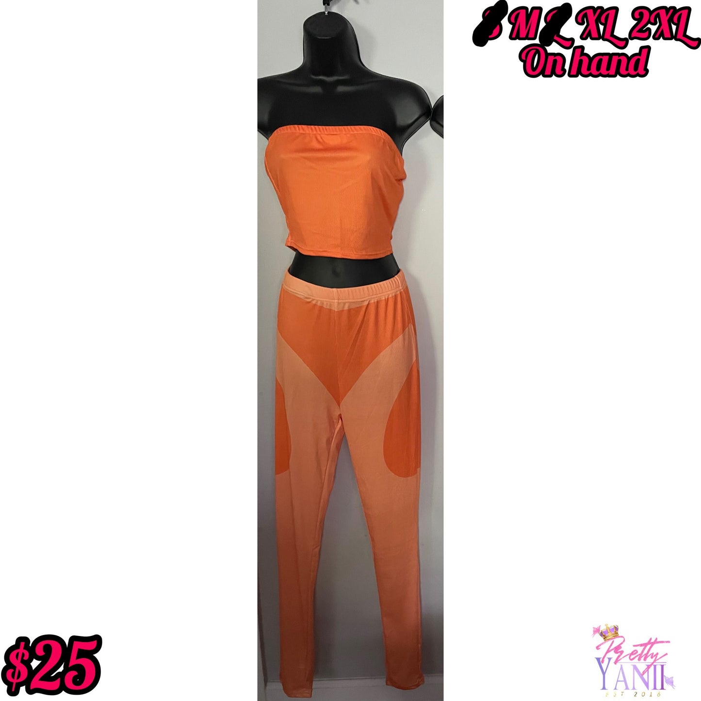 matching set includes an orange tube top and pants with exceptional stretch