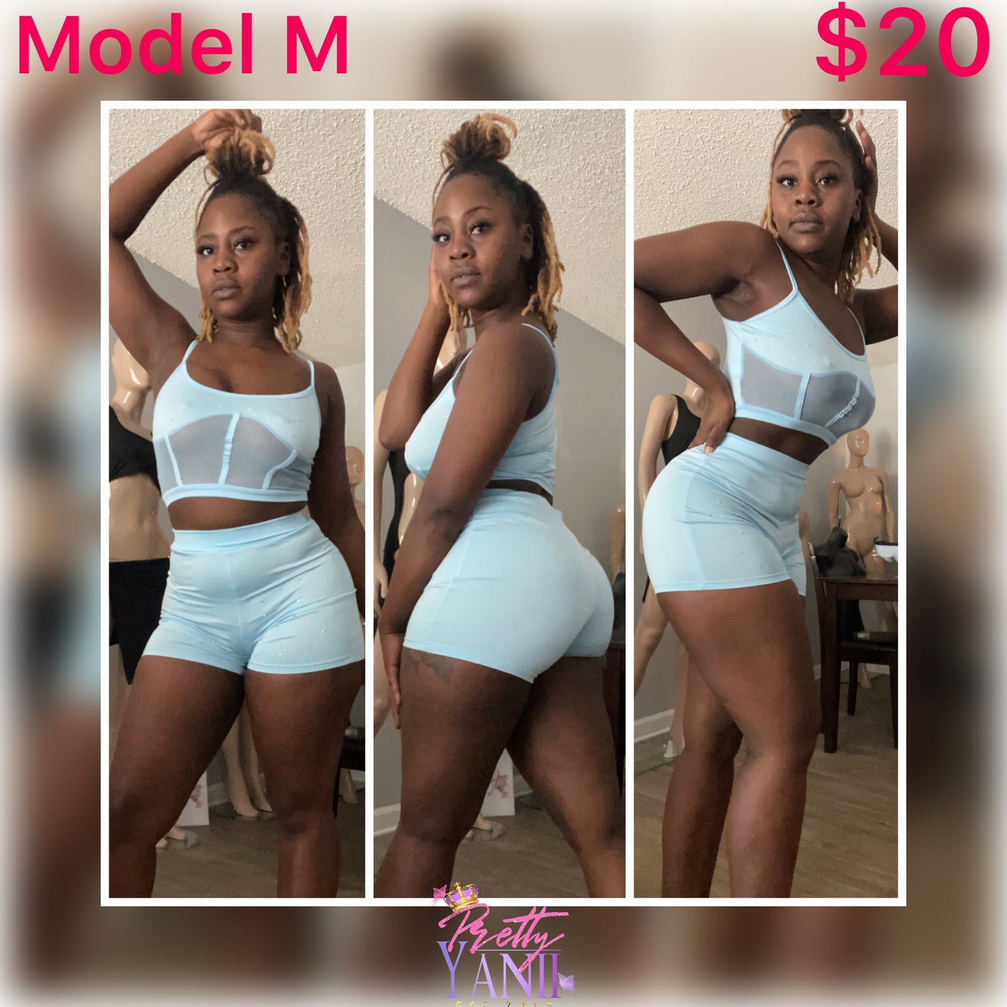 matching set includes a sky blue spaghetti strap crop top and high waist shorts, available in both regular and plus sizes