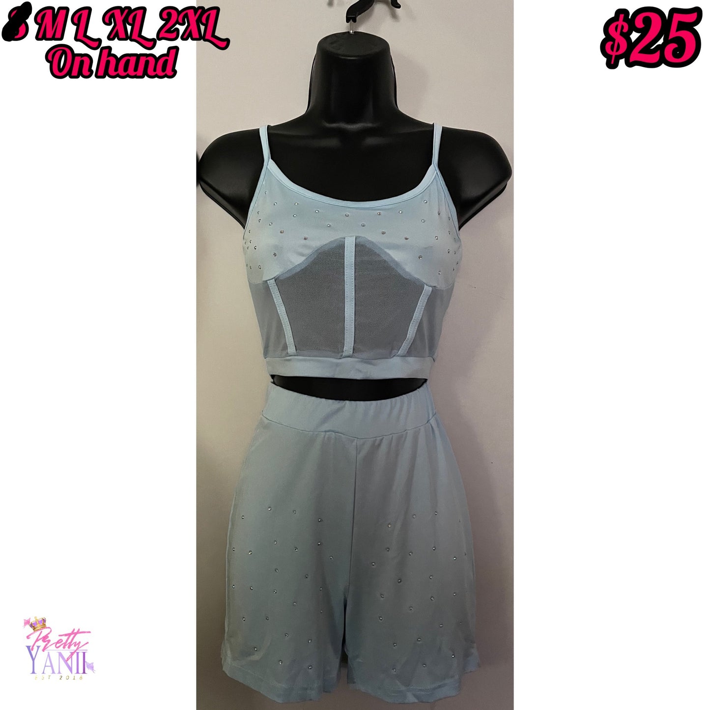 matching set includes a sky blue spaghetti strap crop top and high waist shorts, available in both regular and plus sizes