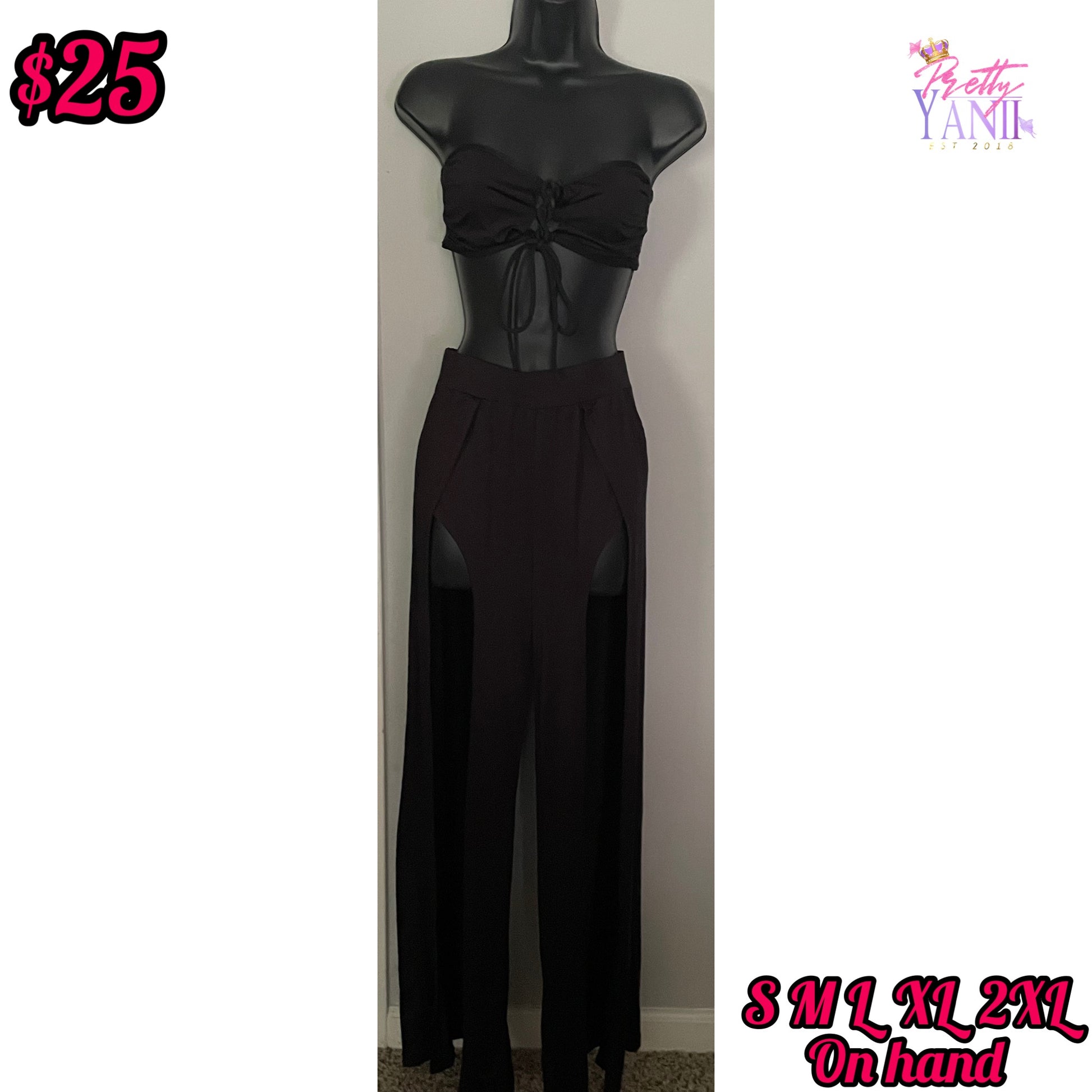 matching set includes a black tube top and high waist split thigh pants