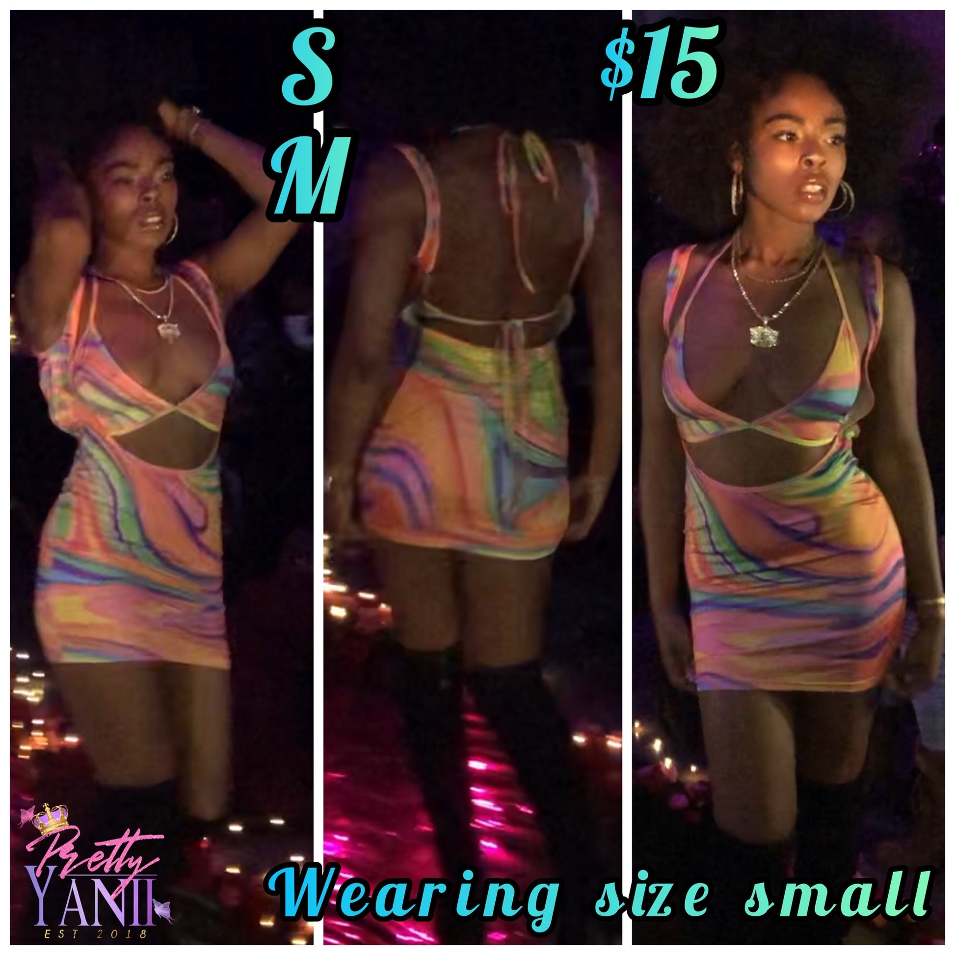 matching set includes a multi-colored halter top and matching suspender skirt, featuring an open back and a tie design