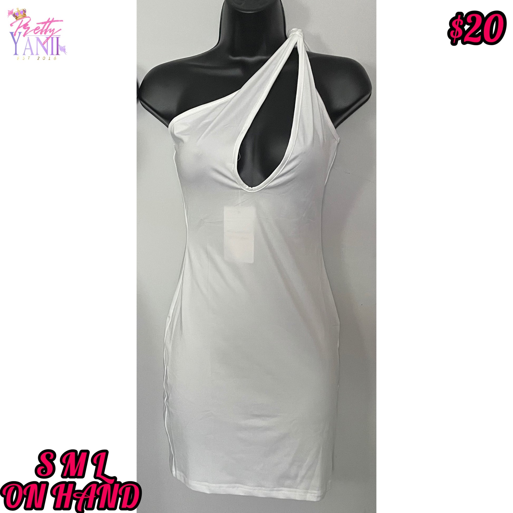 body-con dress, available in white, features a stretchable material