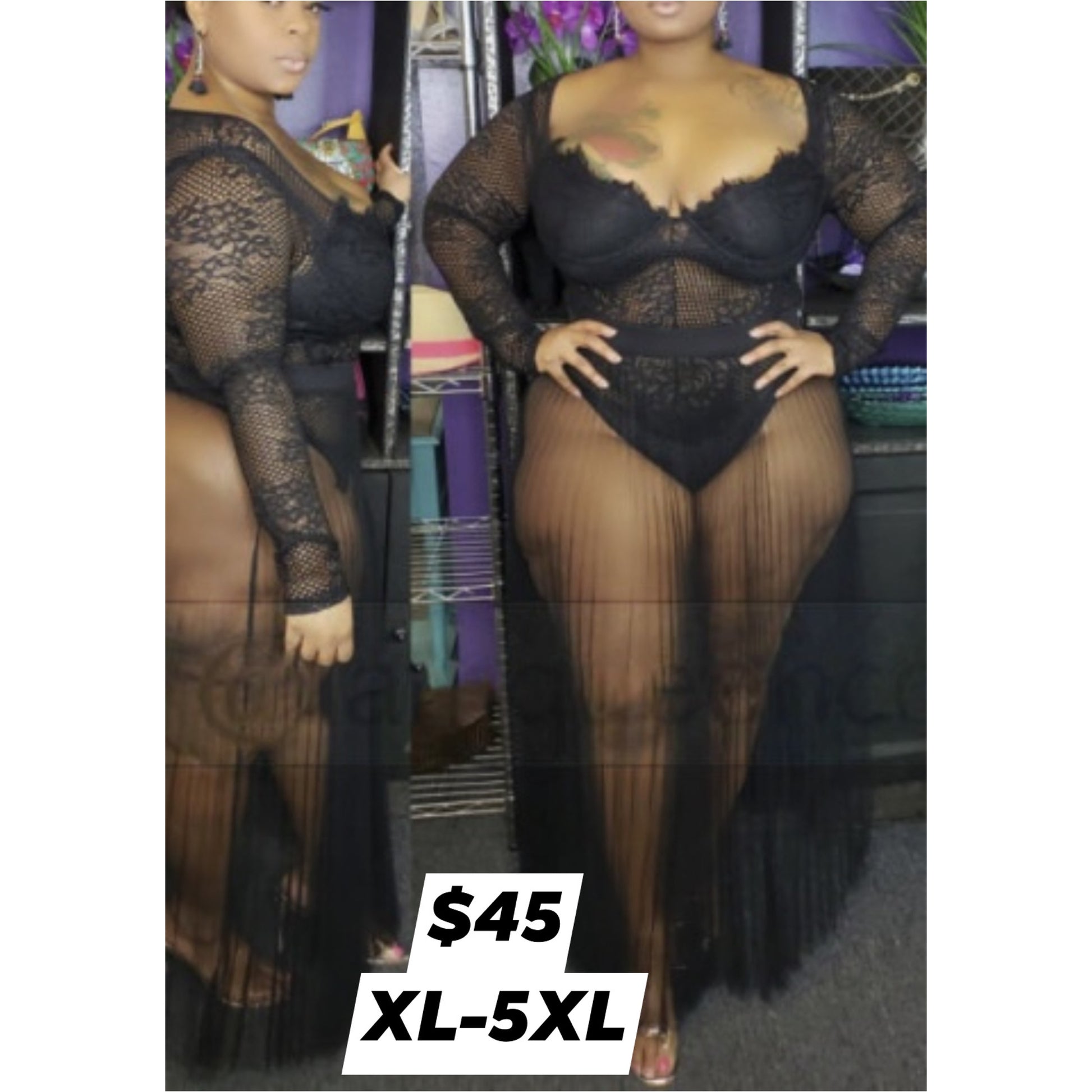 plus size matching set includes a see-through skirt and black bodysuit