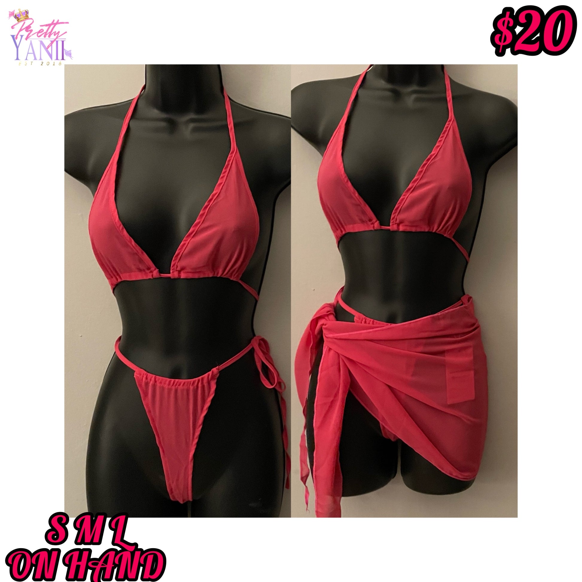 hot pink thong bikini swimsuit paired with a sheer knot cover-up skirt