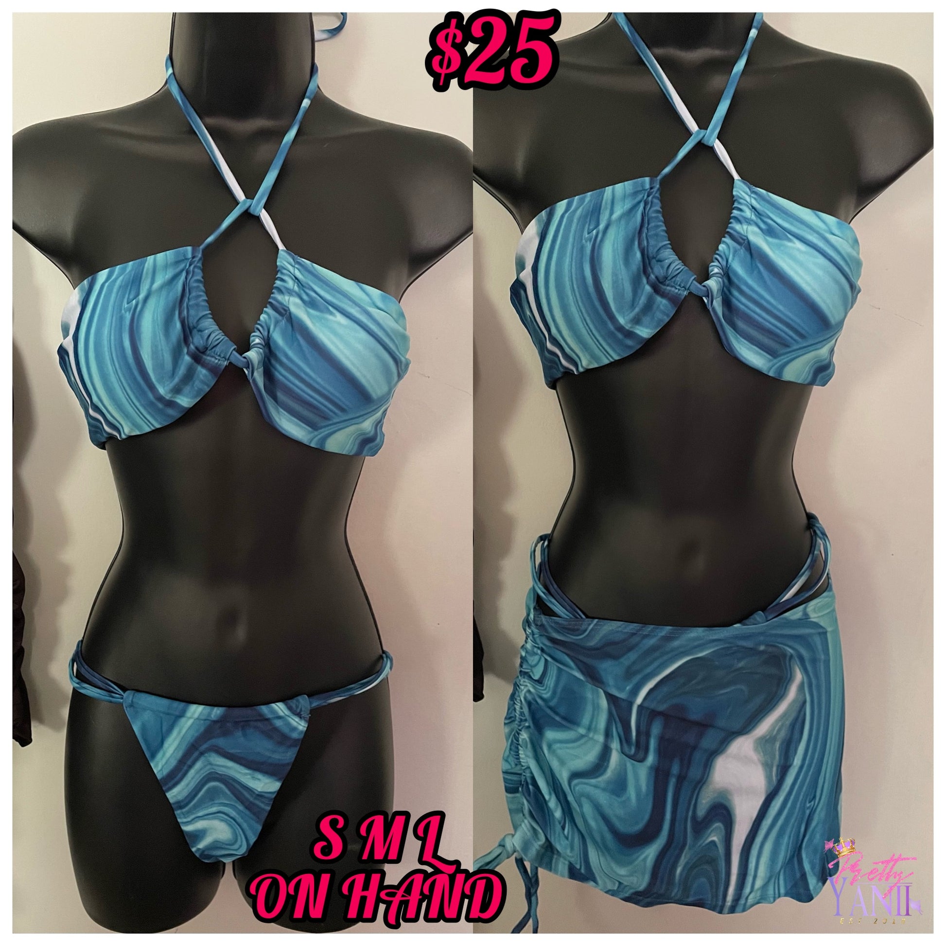three-piece blue stripe thong bikini swimsuit and drawstring front cover-up skirt