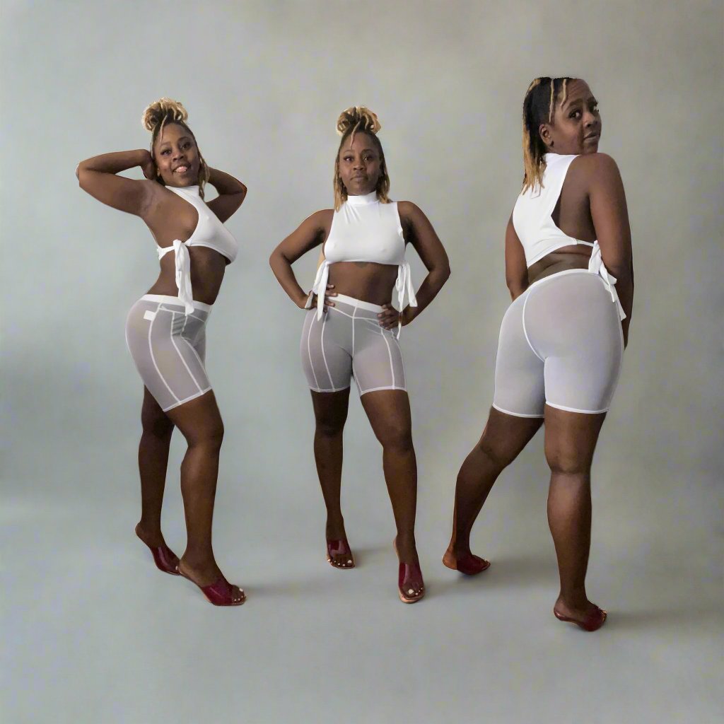 white matching set features a side-tie crop top and stretchy biker shorts